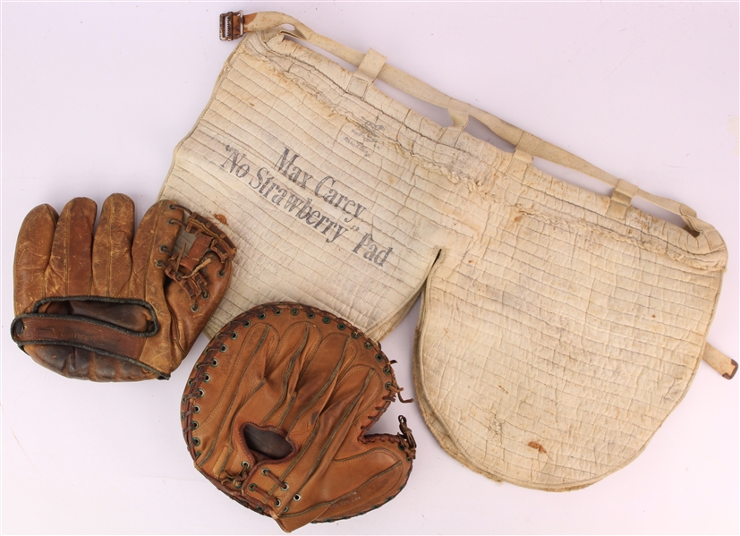 1920s-30s Max Carey Pittsburgh Pirates "No Strawberry" Sliding Pads w/ Copy of Patent & Pair of Store Model Fielders Mitt