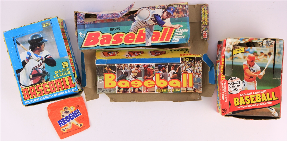 1970s-80s Topps Baseball Card Empty Display Boxes & Reggie Jackson Candy Bar Wrapper - Lot of 5