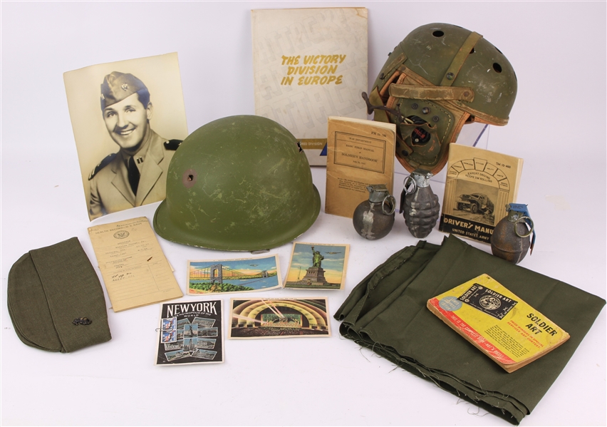 1940s-60s Military Memorabilia Collection - Lot of 17 w/ Helmets, Grenades, Booklets & More