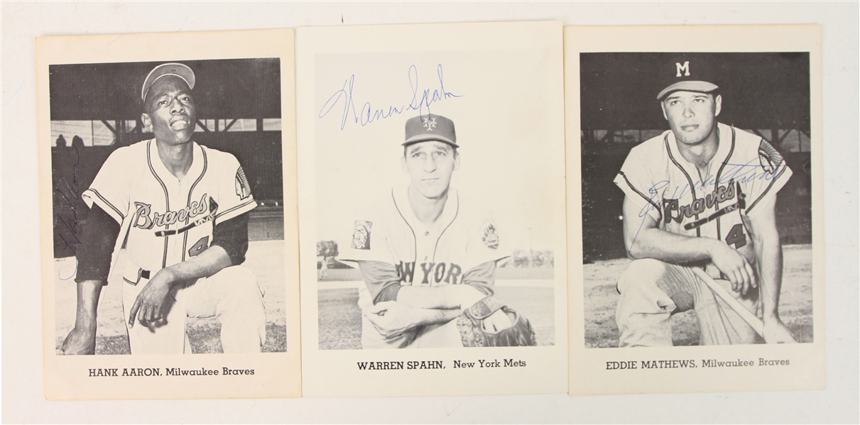 1965 Hank Aaron Eddie Mathews Warren Spahn Braves/Mets Signed 5" x 7" Team Photo Pack Photos - Lot of 3 (JSA)