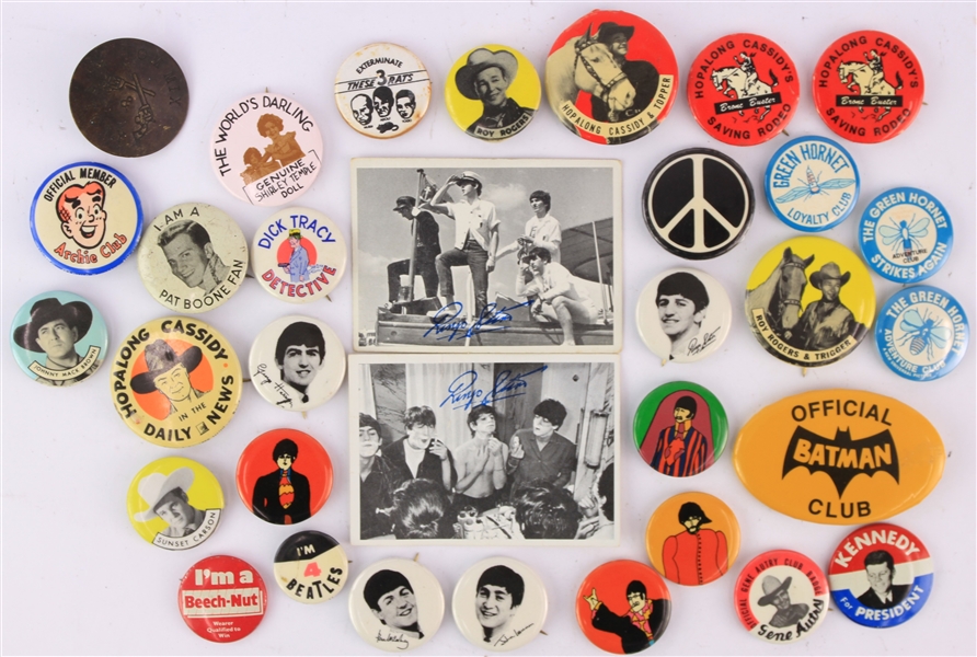 1940s-60s Americana Pinback Button Collection - Lot of 31 w/ Beatles, Roy Rogers, John F. Kennedy & More