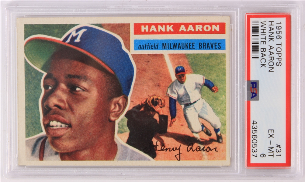 1956 Hank Aaron Milwaukee Braves Topps #31 White Back Baseball Trading Card (PSA EX-MT 6)