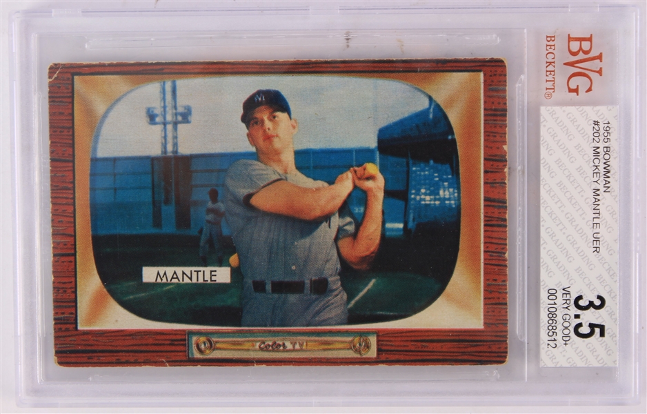 1955 Mickey Mantle New York Yankees Bowman #202 Baseball Trading Card (Beckett 3.5 Very Good+)