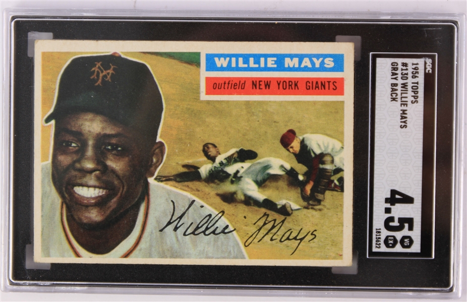 1956 Willie Mays New York Giants Topps #130 Gray Back Baseball Trading Card (SGC 4.5 VG EX+)