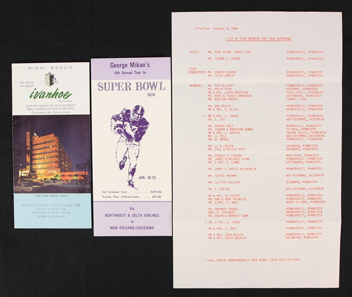 1969-70 George Mikan Super Bowl Travel Brochures & Member List - Lot of 3