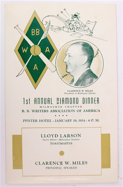 1954 1st Annual Diamond Dinner Milwaukee Chapter Baseball Writers Association of America Event Program