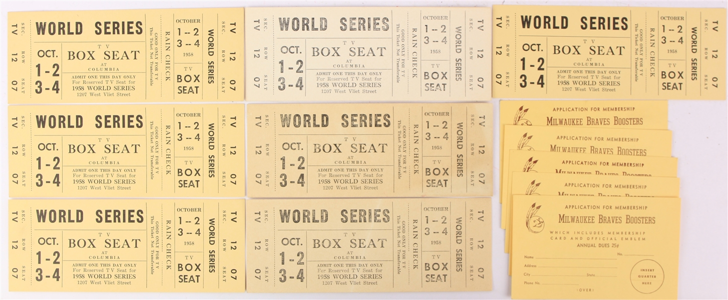 1958 Milwaukee Braves Memorabilia Collection - Lot of 12 w/ Closed Circuit World Series Tickets & Booster Club Applications
