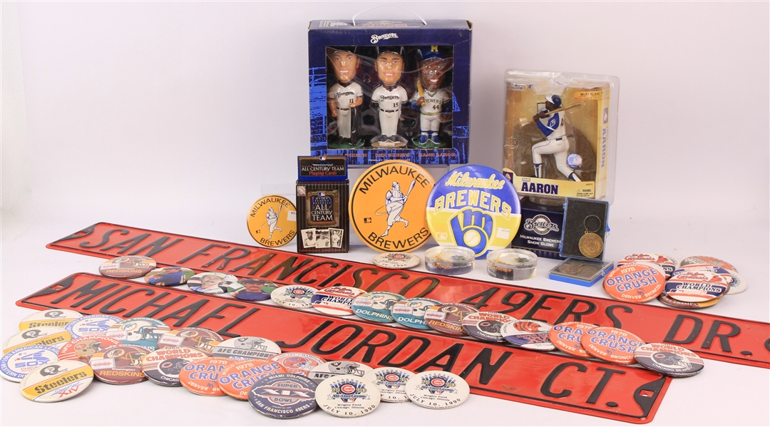 1970s-2000s Baseball Football Memorabilia Collection - Lot of 100+ w/ World Series Pinbacks, Super Bowl Pinbacks, Michael Jordan Street Sign & More