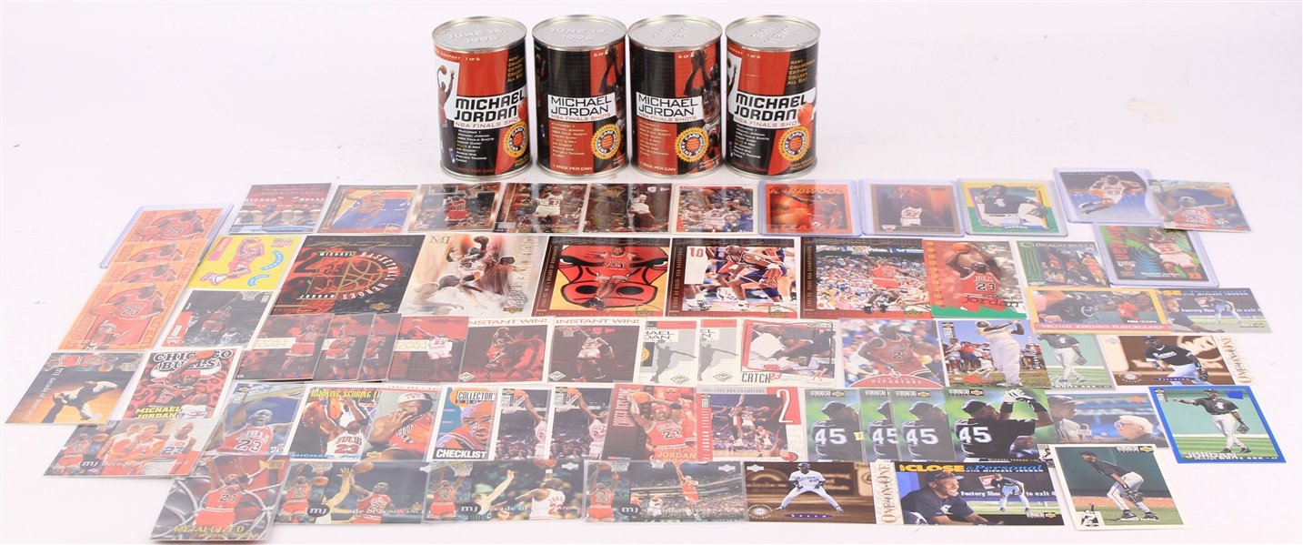 1990s-2000s Michael Jordan Chicago Bulls White Sox Trading Card Collection - Lot of 65 w/ Unopened NBA Final Shots Cannisters