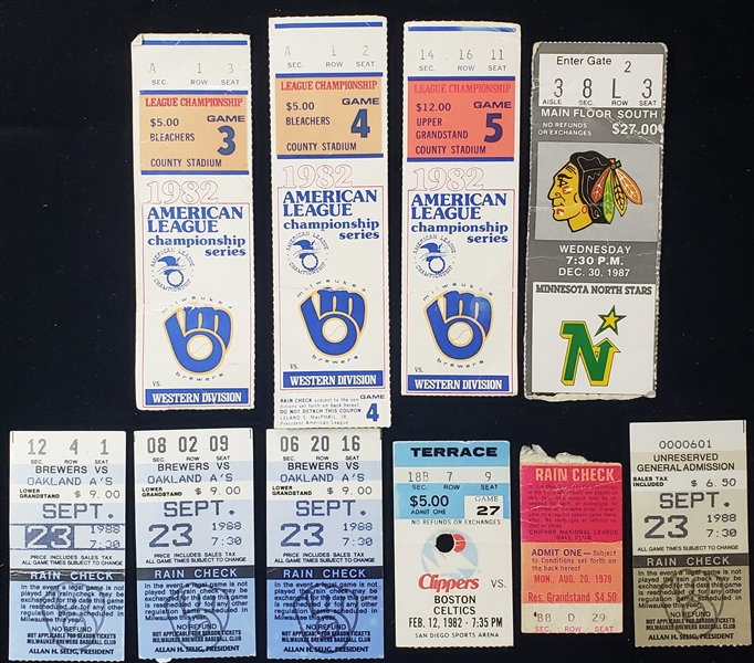 1979-88 Baseball Basketball Hockey Ticket Stubs - Lot of 10 w/ 1982 Milwaukee Brewers ALCS, Jose Canseco 40th Stolen Base Game & More