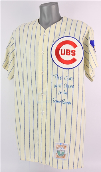 1969 Ernie Banks Chicago Cubs Signed "The Cubs Will Shine in 69" Mitchell & Ness Throwback Jersey (JSA)