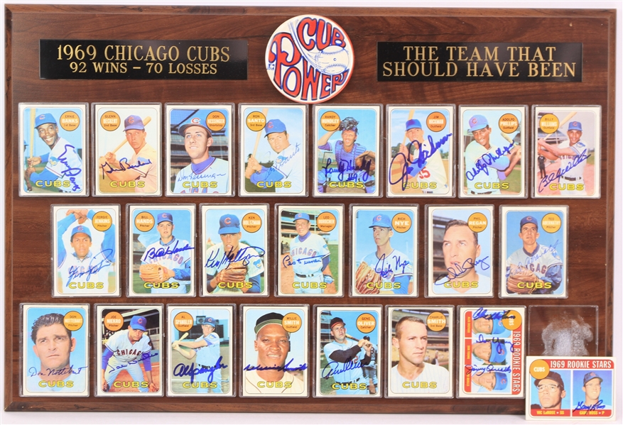 1969 Chicago Cubs 16" x 24" Signed Topps Baseball Trading Card Display w/ 23 Signed Cards Including Ernie Banks, Ron Santo, Fergie Jenkins, Leo Durocher & More (JSA)