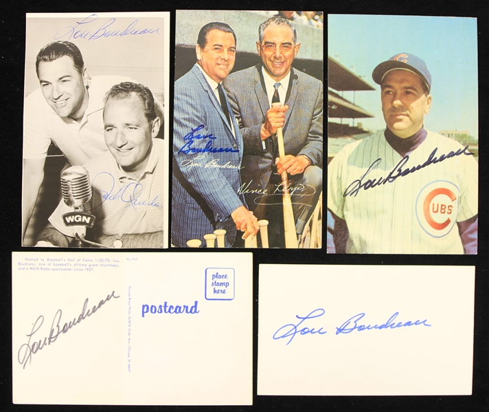 1960s Lou Boudreau Chicago Cubs Signed Postcards & Index Card - Lot of 5 (JSA)