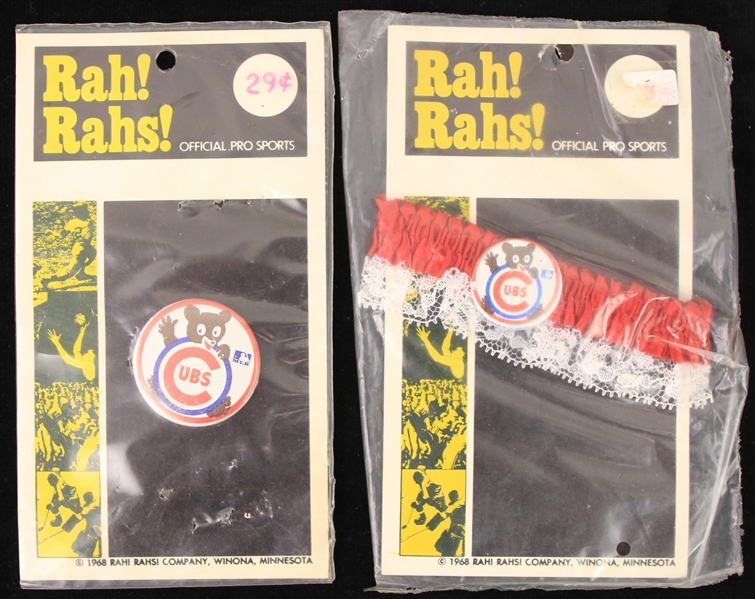1968 Chicago Cubs MOC Rah! Rahs! Pinback Button & Garter - Lot of 2