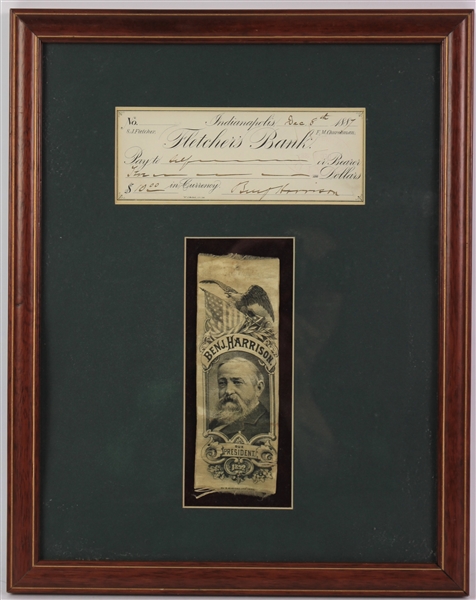 1887 Benjamin Harrison Signed Fletchers Bank Check & Ribbon w/ 13x17 Frame (JSA)