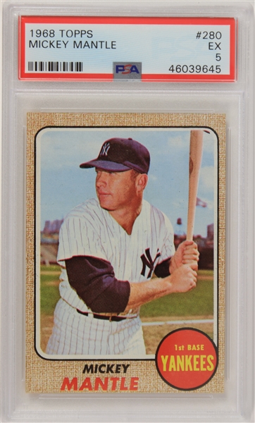 1968 Mickey Mantle New York Yankees Topps #280 Baseball Trading Card (PSA EX 5)