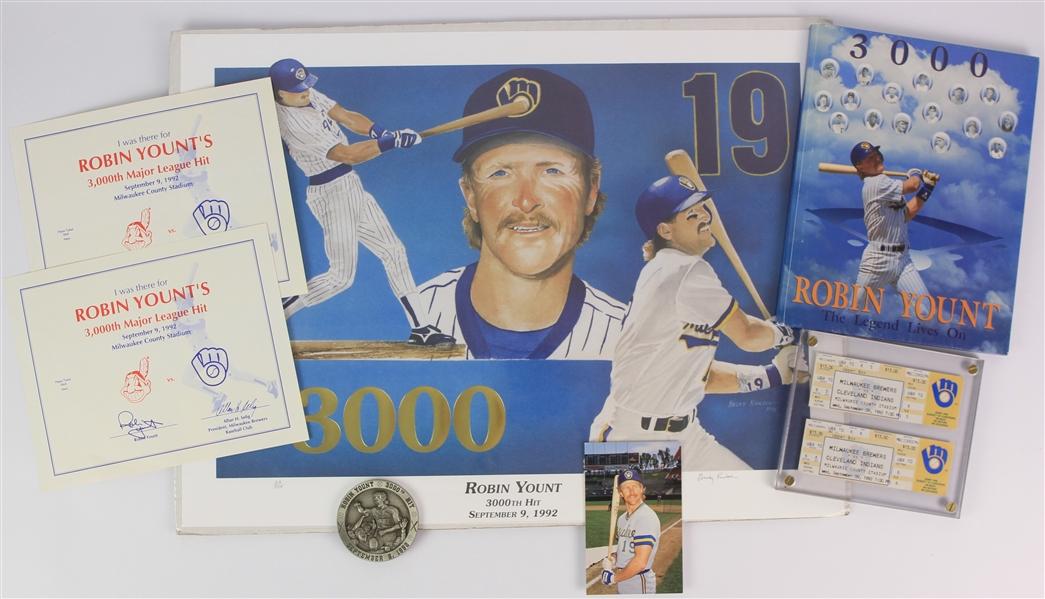1992 Robin Yount Milwaukee Brewers 3,000th Career Hit Memorabilia - Lot of 8 w/ Book, Tickets, Lithograph & More