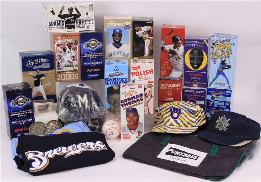 1980s-2000s Milwaukee Brewers Memorabilia Collection - Lot of 50+ w/ Bobbleheads, Posters, Apparel & More