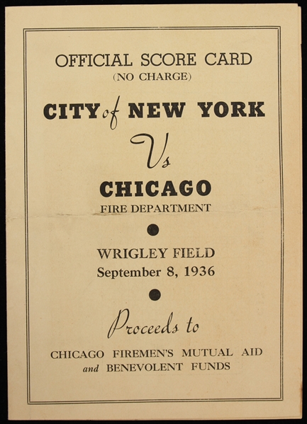 1936 City of New York vs Chicago Fire Department Wrigley Field Unscored Baseball Scorecard