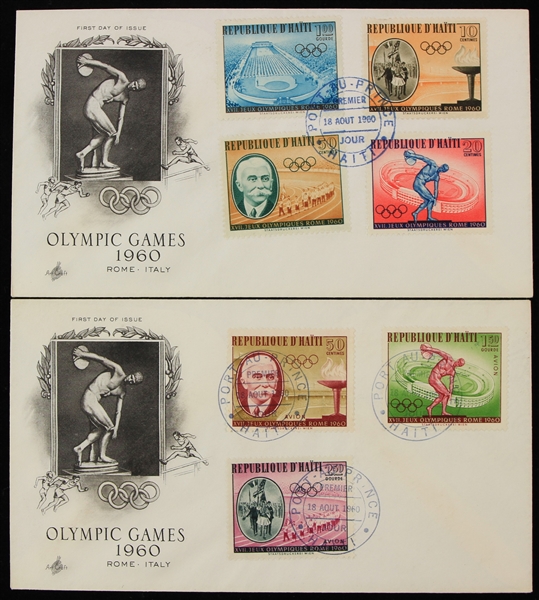 1960 Rome Olympic Games First Day of Issue Envelopes w/ Republique DHaiti Stamps & Port Au Prince Postmarks - Lot of 2