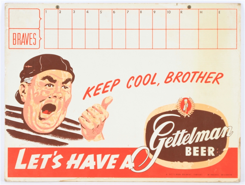 1950s Milwaukee Braves 15" x 20" Gettelman Beer "Keep Cool, Brother" Scoreboard Broadside