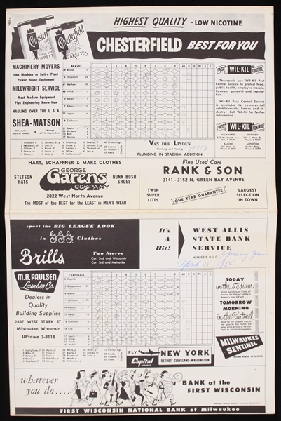 1954 (April 15) Hank Aaron Milwaukee Braves First Major League Hits Scored Scorecard