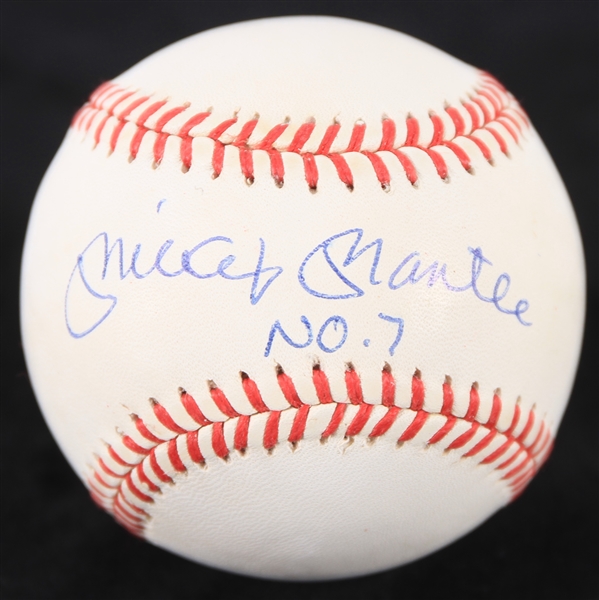 1990-92 Mickey Mantle New York Yankees Signed & "No. 7" Inscribed OAL Brown Baseball (JSA) 