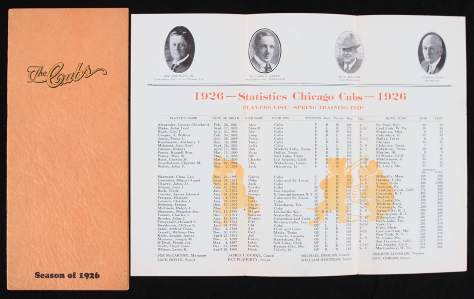 1926 Chicago Cubs Spring Training Pamphlet w/ Schedule, Player Roster & St. Catherine Hotel Santa Catalina Island Photo