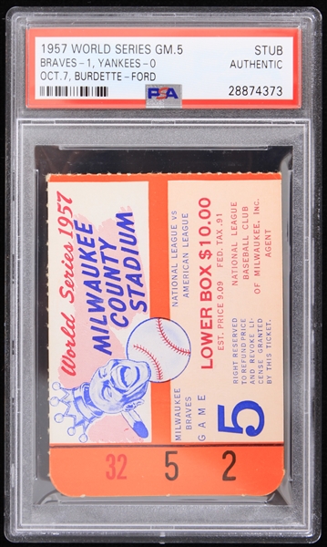 1957 Milwaukee Braves World Series Game 5 Burdette - Ford Ticket Stub (PSA Slabbed) 