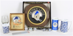 1960s-80s Detroit Lions Memorabilia Collection - Lot of 18 w/ 1965 Helmet Plaque, Rocks Glass, Mugs, Mini Helmets & More