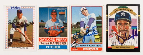 Lot of Four Signed Baseball Cards - Harrelson, Perry, Winfield, and Carter (MEARS LOA)