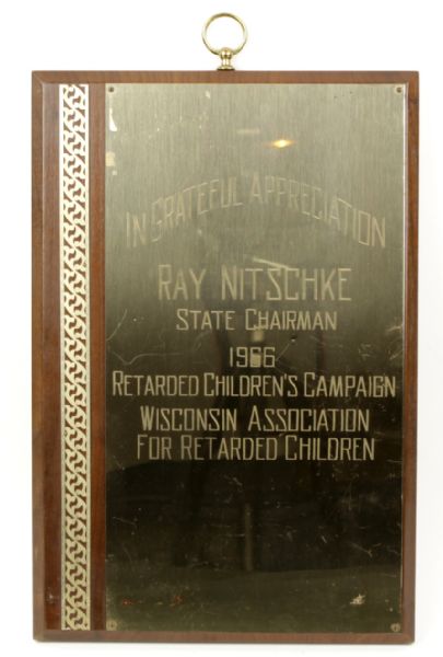 1996 Ray Nitschke Green Bay Packers Appreciation Plaque from Wisconsin Association for Retarded Children
