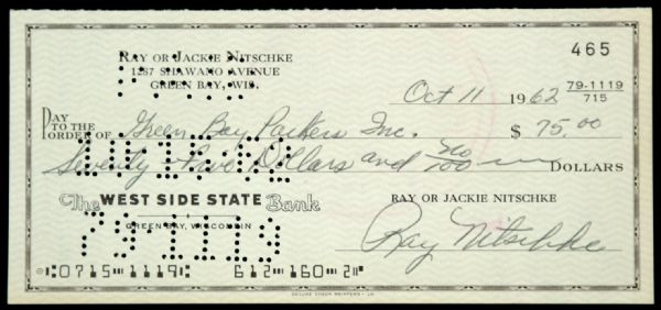 1962 Ray Nitschke Green Bay Packers Signed Check - JSA