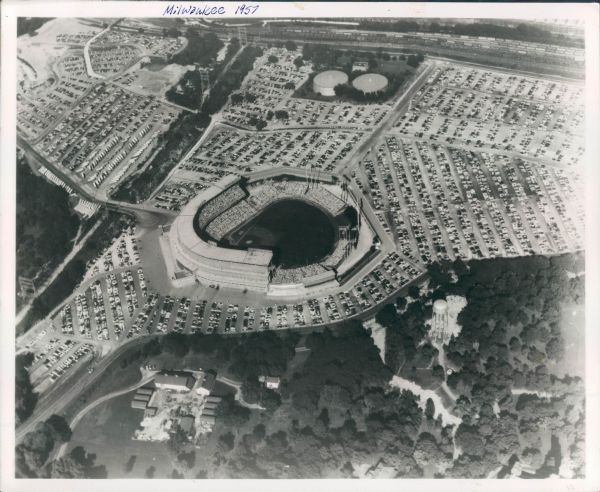 1957 Milwaukee Braves County Stadium Aerial View "The Sporting News Collection Archives" Original Type 1 8"x10" Photo (Sporting News Collection Hologram/MEARS Type 1 Photo LOA)