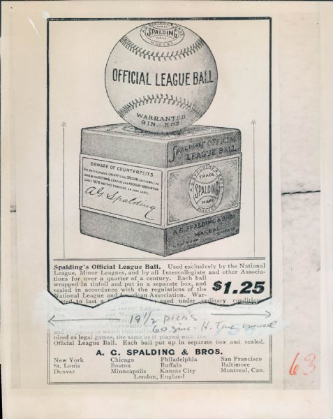 1920 circa Spalding Baseball Advertisement "The Sporting News Collection Archives" Modern Print 7" x 9" Photo (Sporting News Collection Hologram/MEARS LOA)