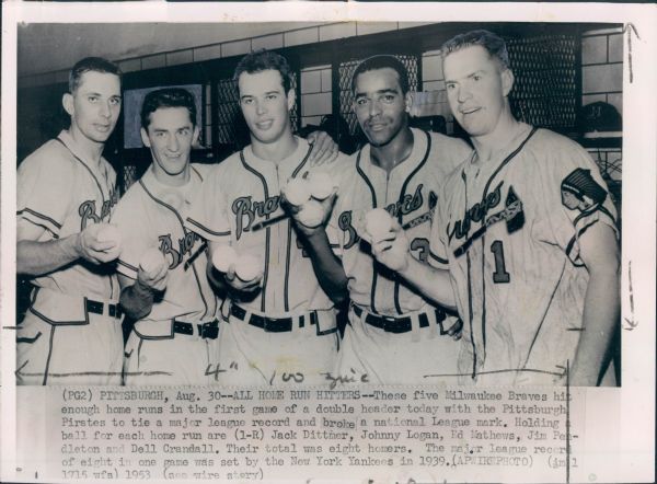 1953 Eddie Mathews Johnny Logan Del Crandall Milwaukee Braves "The Sporting News Collection Archives" Original Type 1 7 1/2" x 10" Photo (Sporting News Collection Hologram/MEARS Type 1 Photo LOA)