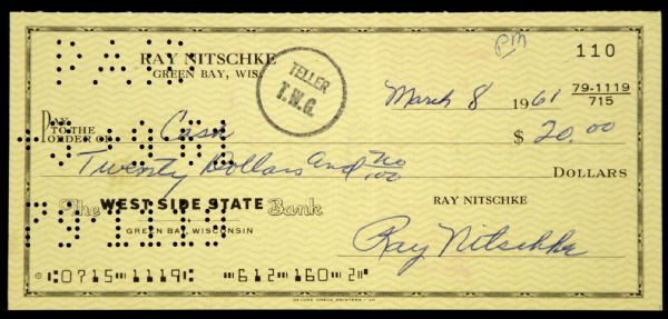 1961 Ray Nitschke Green Bay Packers Signed Check - JSA