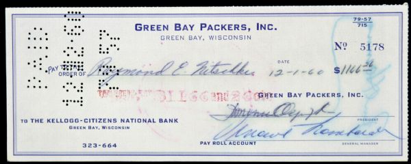 1960 Vince Lombardi Green Bay Packers Signed Check Made Out To And Endorsed by Ray Nitschke- JSA