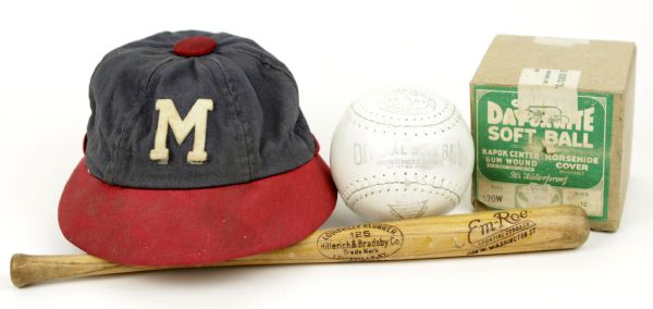 1950s circa Milwaukee Braves Cap Mini Bat & Vintage Softball