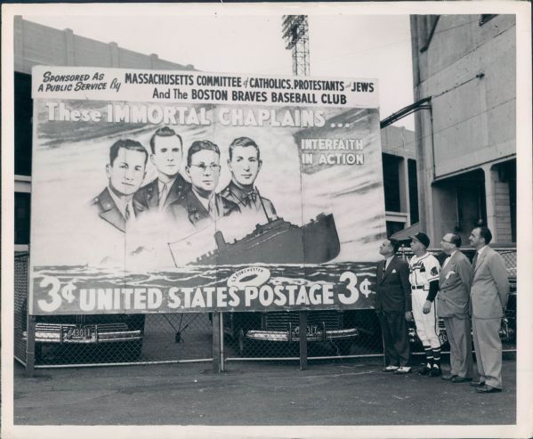 1948 Boston Braves Immortal Chaplains Stamp Billboard "The Sporting News Collection Archives" Original Type 1 8"x10" Photo (Sporting News Collection Hologram/MEARS Type 1 Photo LOA)