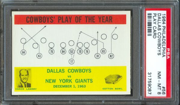 1964 Philadelphia Gum Dallas Cowboys Play Card Tom Landry #56 PSA NM-MT 8