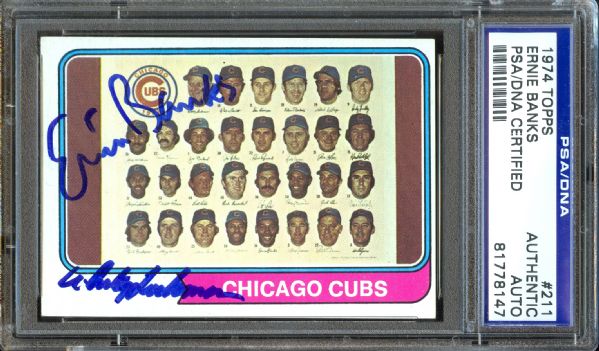 1974 Topps Cubs Team Card #211 Signed By Ernie Banks & Whitey Lockman (PSA/DNA)