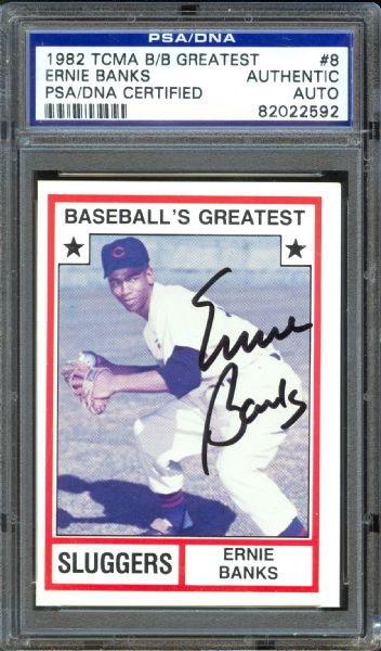 1982 TCMA Baseballs Greatest Cubs Ernie Banks Signed Card #8 (PSA/DNA)