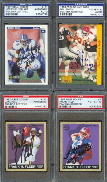 4 Signed Trading Cards Including A. Reed, J. Reed, N. Smith & Herschel Walker (PSA/DNA)