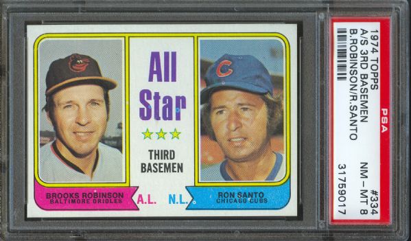 1974 Topps All-Star 3rd Basemen Orioles Brooks Robinson / Cubs Ron Santo #334 PSA NM-MT 8