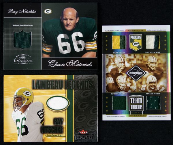2002-06 Ray Nitschke Green Bay Packers Material Swatch Card - Lot of 3 Incl. Bart Starr Ray Nitschke Forrest Gregg & Reggie White