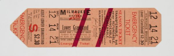 1950s Milwaukee Braves Emergency Ticket