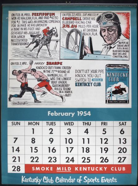 1954 Kentucky Club Sports Fact 15" x 20" Calendar