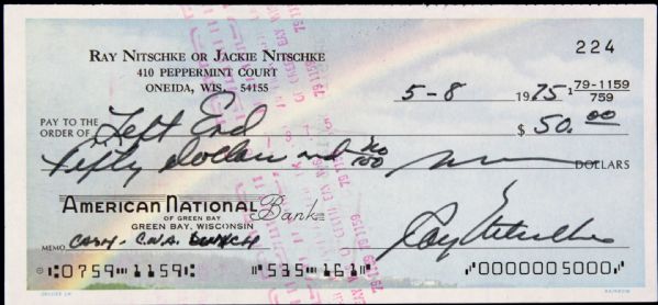 1975 Ray Nitschke Green Bay Packers Signed Check (To Fuzzy Thurstons Bar) - JSA