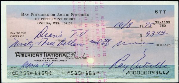 1975 Ray Nitschke Green Bay Packers Signed Check - JSA Estate Letter